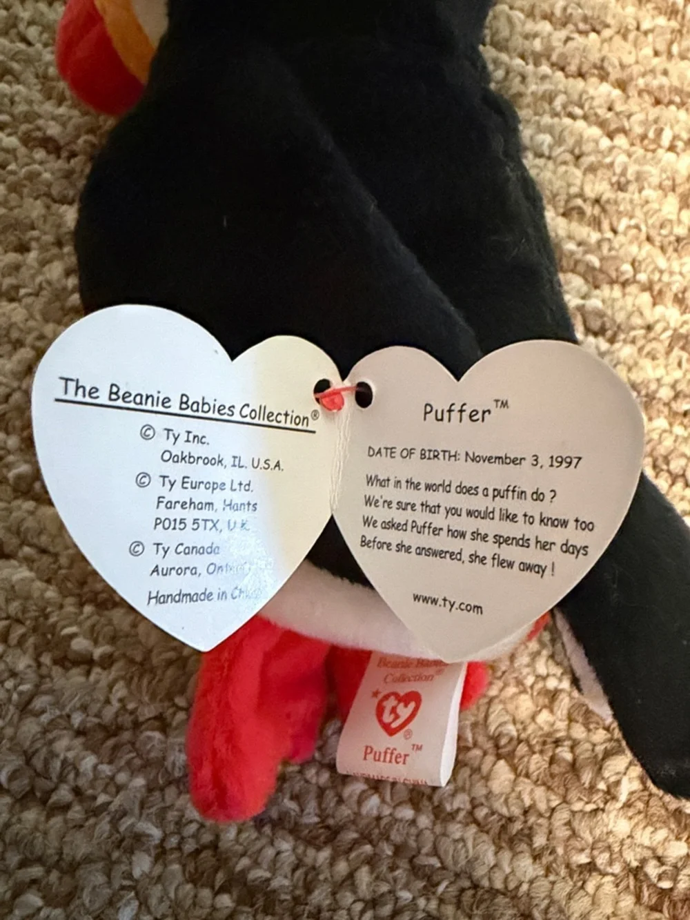 RARE Ty Puffin Plush - Black, White, Orange & Red Beak Errors on tag - Picture 4 of 4